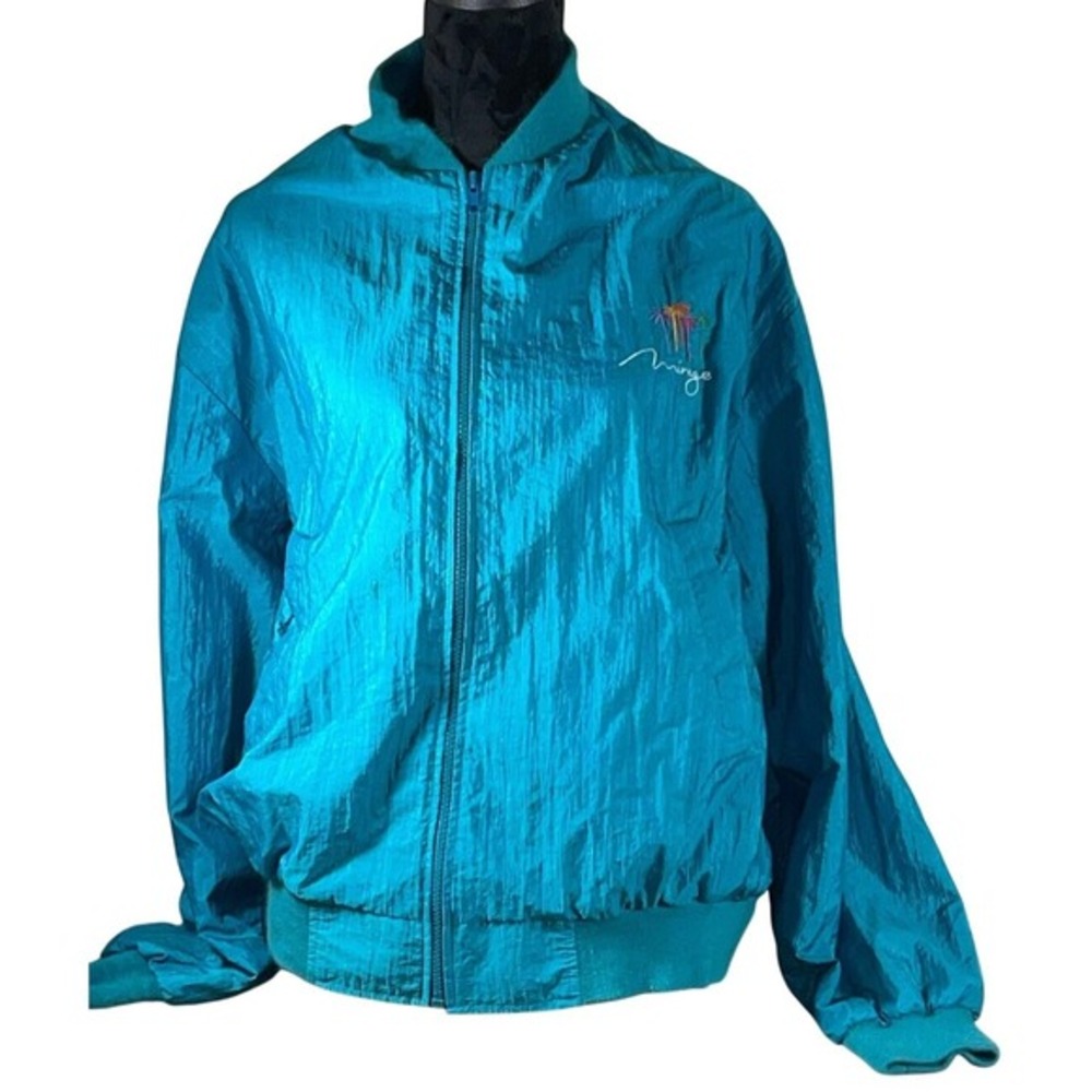Vintage Teal Mirage Palm‎ Tree Windbreaker Jacket Women's XL Lightweight Y2K